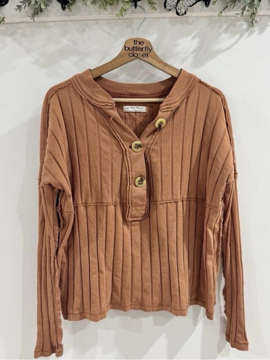 Free People Tops - Free People In The Mix Brown Ribbed Henley Oversized XS
